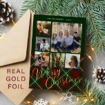 6 photos Merry Christmas family red green gold<br><div class="desc">Elegant stylish plaid tartan real gold foil Merry Christmas script six family photos classic traditional red green holiday card with your custom personalised text on both sides.</div>