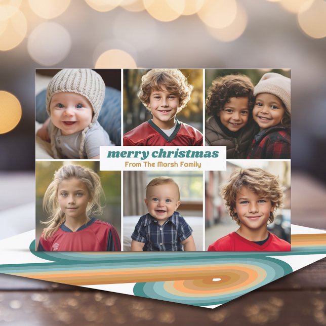 6 Photos - Merry Christmas Minimal Retro Line Art Holiday Card (Retro Line Art - Online Christmas Card with a vintage 70s vide - 6 photos)