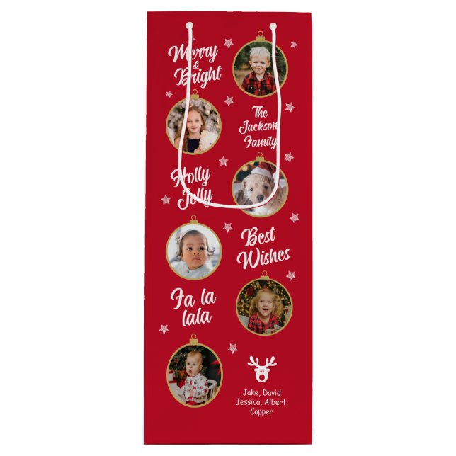 6 Photos Red and White Christmas Ornaments Family Wine Gift Bag (Front)