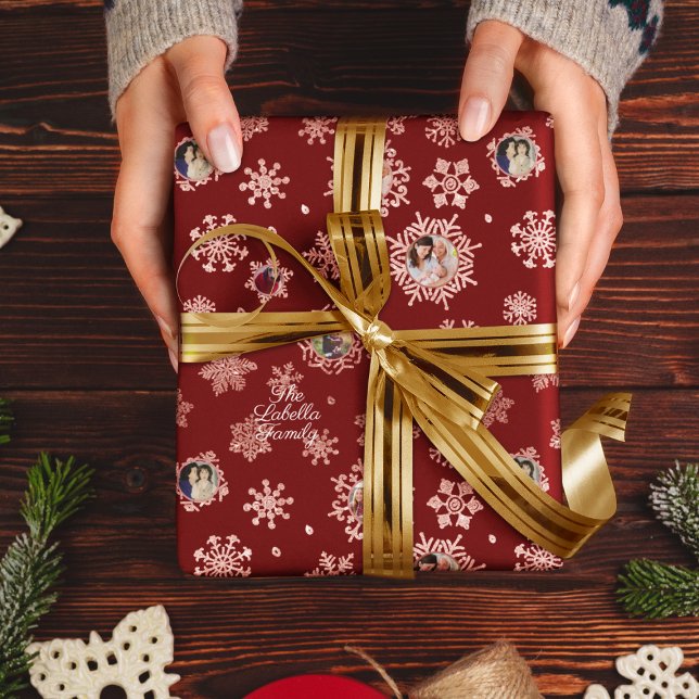 6 Pic Custom Rose Gold Glitter Snowflakes Red Gift Wrapping Paper (Creator Uploaded)