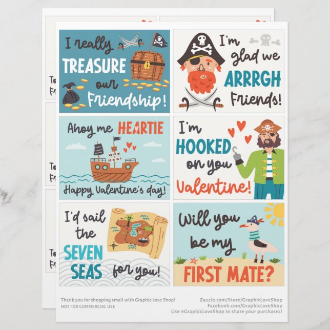 6 Pirate Kids Classroom Valentines Day Cards Custom Letterhead (Front/Back)