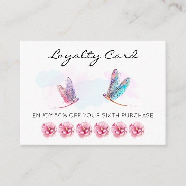 *~* 6 Punch Hole Pink Blue Dragonfly Loyalty Card (Front)