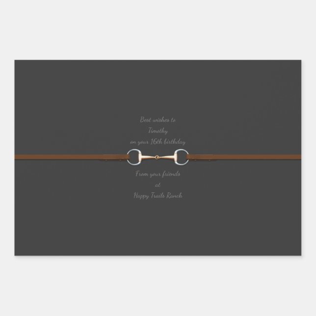 6" Snaffle Bit & Reins Custom Text Equestrian Wrapping Paper Sheet (Front)