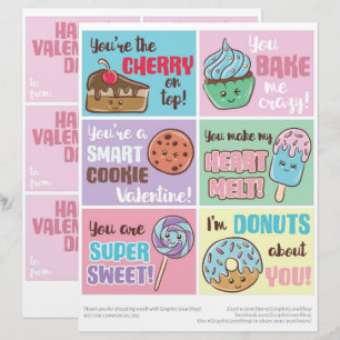 6 Sweet Treats Kids Classroom Valentines Day Cards Custom Letterhead
