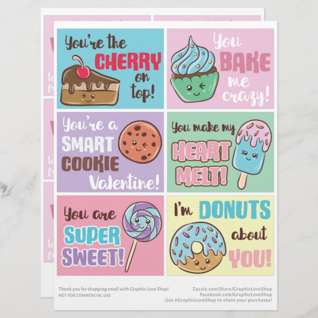 6 Sweet Treats Kids Classroom Valentines Day Cards Custom Letterhead (Front/Back)