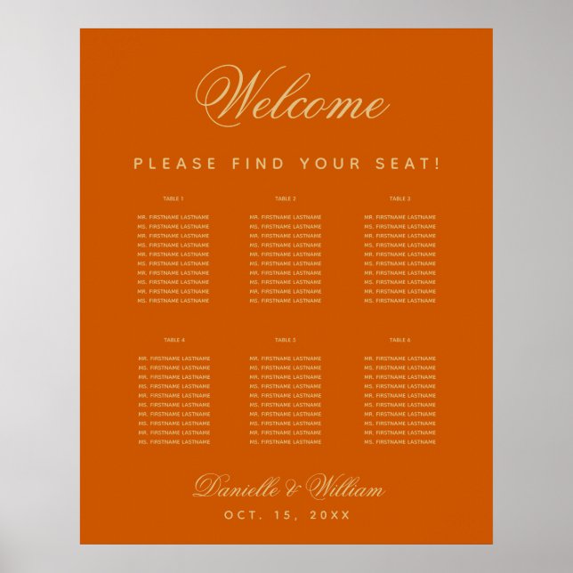 6 Table Burnt Orange Simple Wedding Seating Chart (Front)
