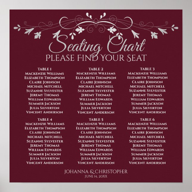 6 Table Chic Silver Burgundy Wedding Seating Chart (Front)