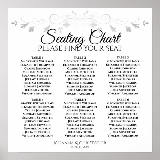 6 Table Chic Silver Flourish Wedding Seating Chart (Front)