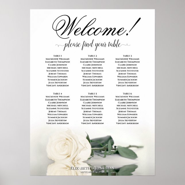 6 Table Elegant White Rose Wedding Seating Chart (Front)