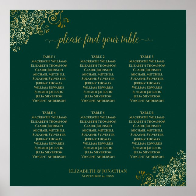 6 Table Emerald Green & Gold Wedding Seating Chart (Front)