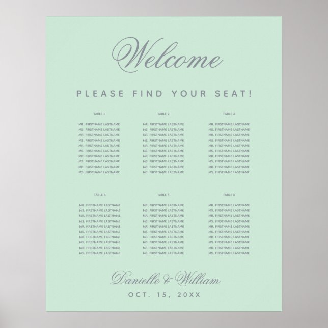 6 Table Mint Green Grey Wedding Seating Chart (Front)