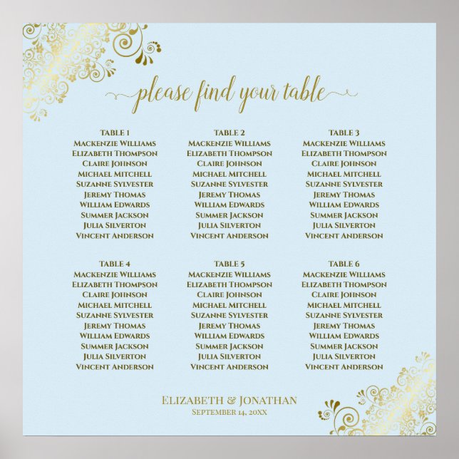6 Table Powder Blue & Gold Wedding Seating Chart (Front)