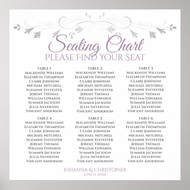 6 Table Purple & Grey Wedding Seating Chart (Front)