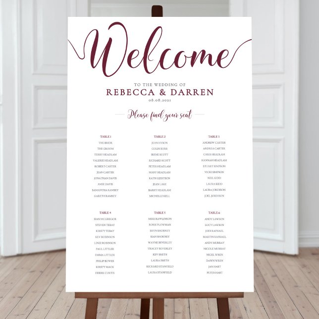6 Table Ruby Red Burgundy Maroon Seating Chart (Creator Uploaded)