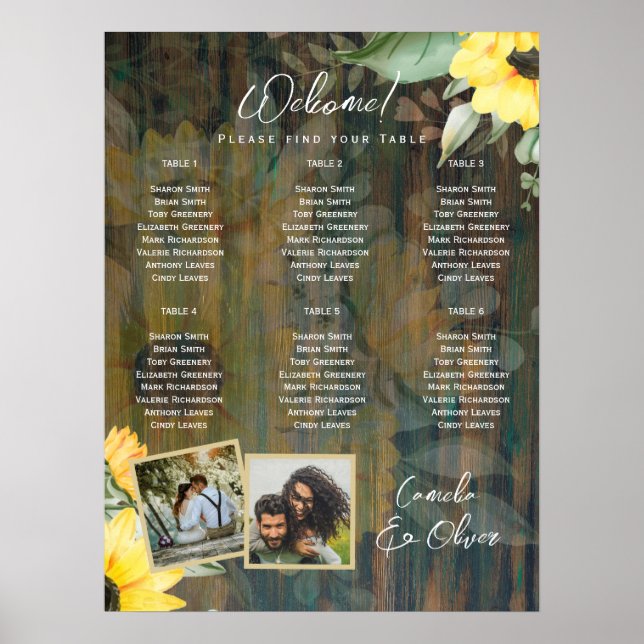 6 Table Rustic Wood SUNFLOWERS PHOTO SEATING Poster (Front)