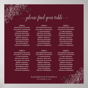 6 Table Silver on Burgundy Wedding Seating Chart