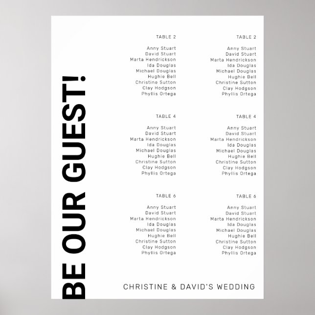 6 table Simple White Wedding seating chart (Front)