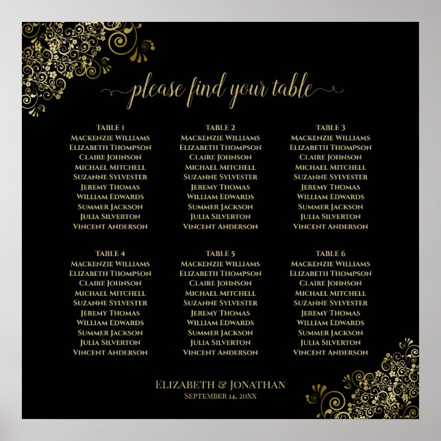 6 Table Wedding Seating Chart Gold Frills on Black (Front)