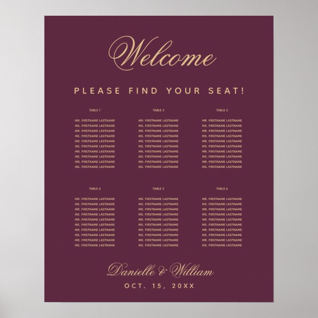 6 Table Wedding Simple Wine Colour Seating Chart (Front)