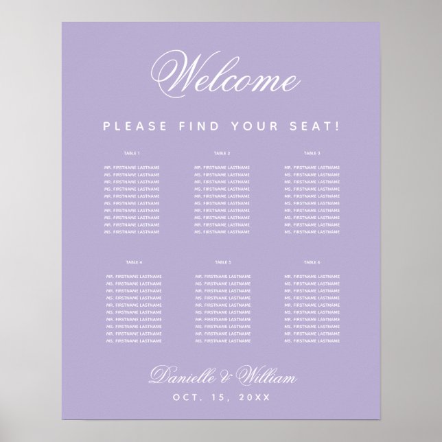 6 Tables Lavender Wedding Purple Seating Chart (Front)