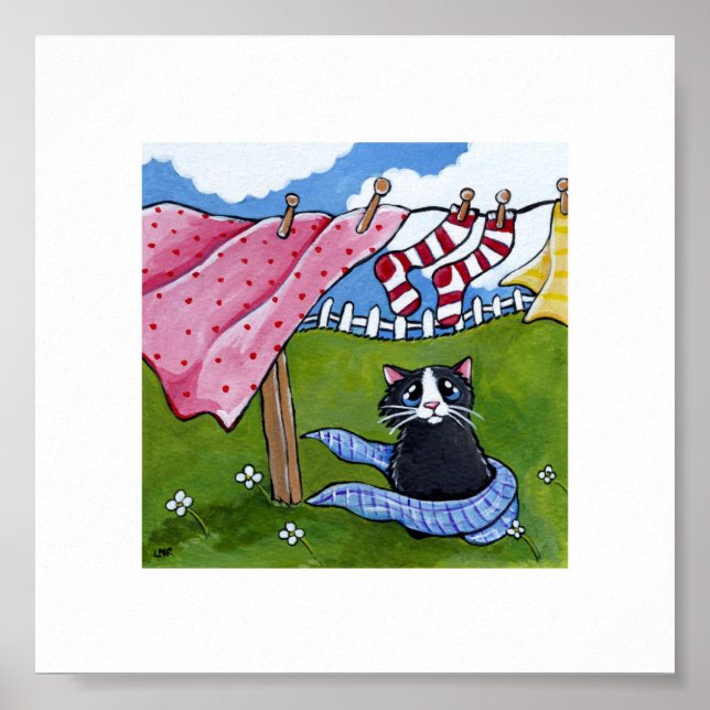 6" x 6" | Whimsical Cat Art | Wash Day Cat Poster (Front)