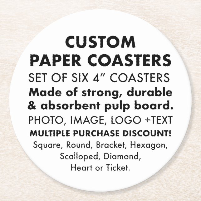 6 x Custom Personalised 4" ROUND Paper Coasters (Front)