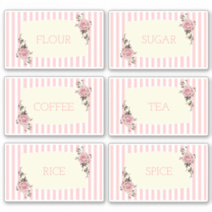 6 x Vintage Retro Pink Stripe Rose Canister Labels