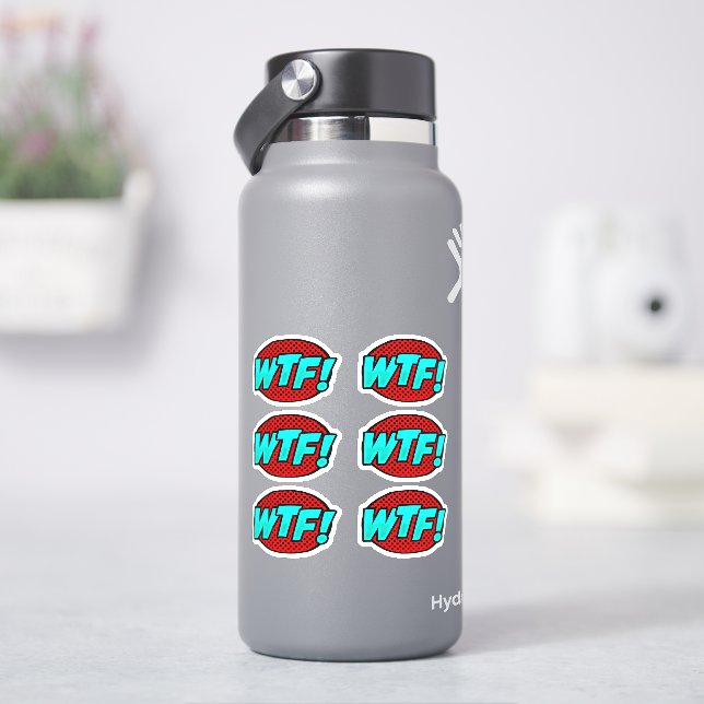  6 x WTF Pop Art Aqua Blue on Red on 4" Vinyl (HydroFlask)