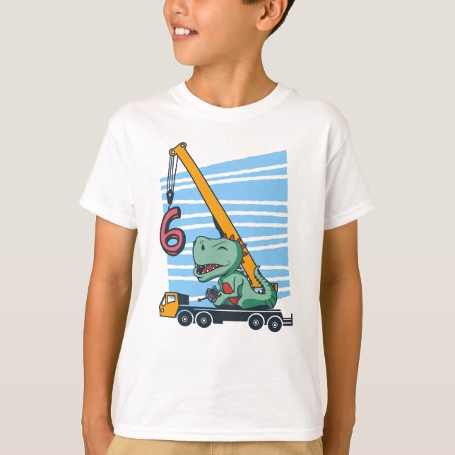 6 years 6th Birthday Mobile Crane Dinosaur T-Shirt (Front)