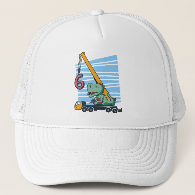 6 years 6th Birthday Mobile Crane Dinosaur Trucker Hat (Front)