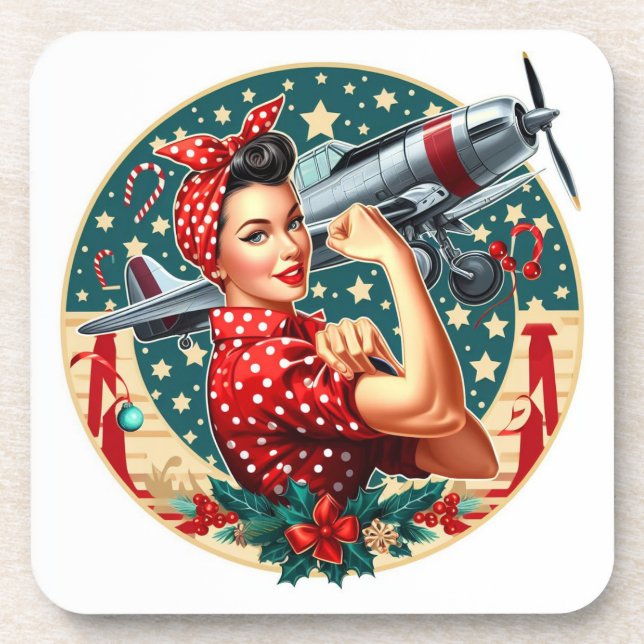 6Cork Backed Coaster - Rosie the Riveter Christmas (Front)