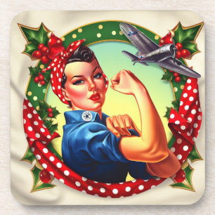 6Cork Backed Coaster - Rosie the Riveter Christmas