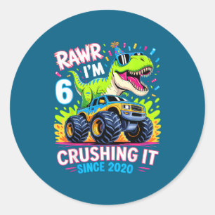 6nd Birthday Monster Truck Dinosaur Since 2020 Raw Classic Round Sticker