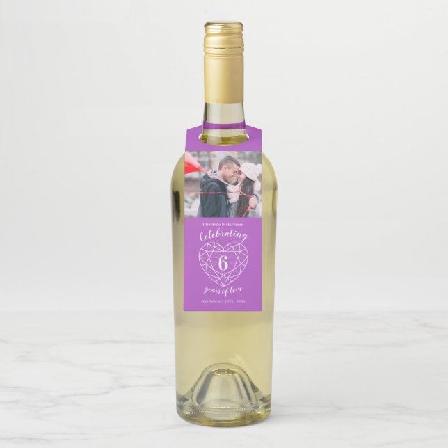 6th Anniversary photo purple amethyst heart Bottle Tag (On Bottle)
