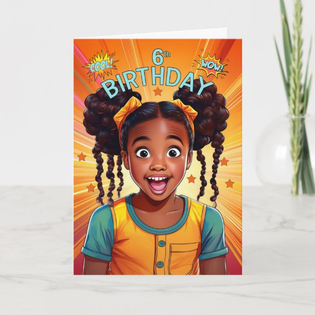 6th Birthday African American Girl Pop Art Style Card (Front)
