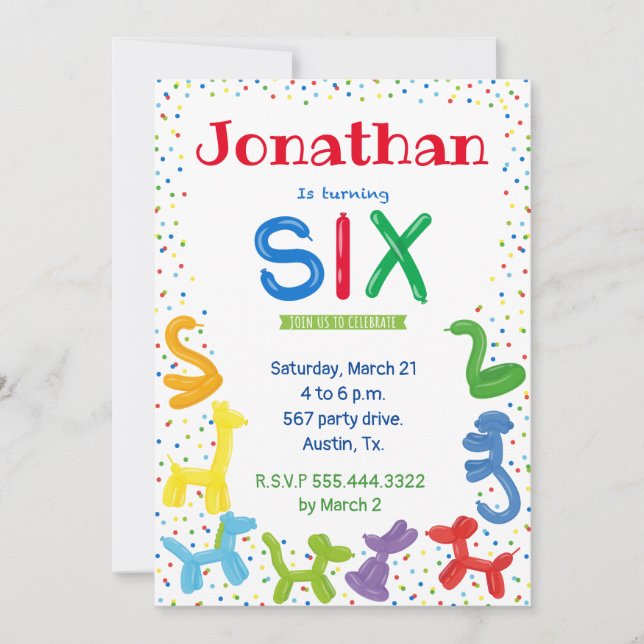 6th birthday animal balloons invitation (Front)