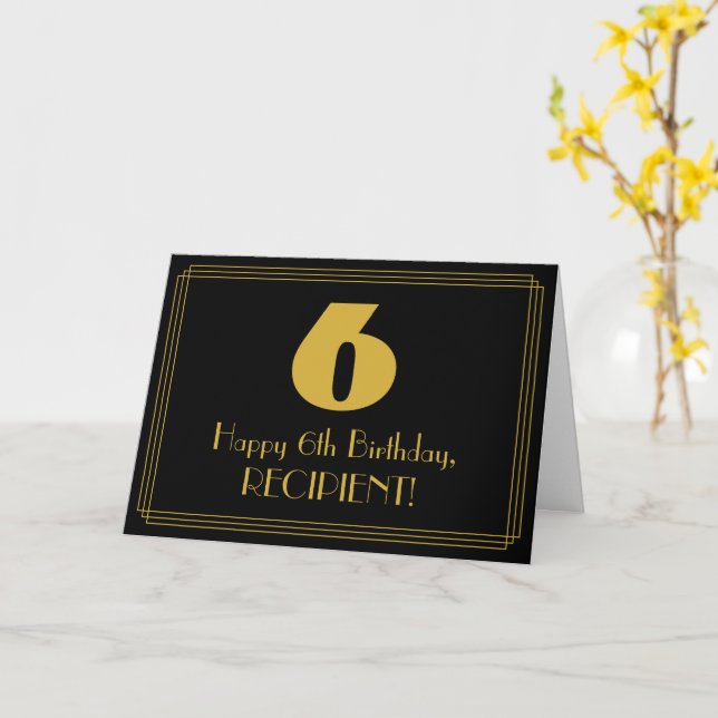 6th Birthday: Art Deco Inspired Look "6" & Name Card (Yellow Flower)