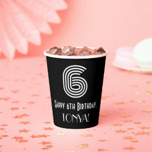 6th Birthday — Art Deco Inspired Look “6” + Name Paper Cups