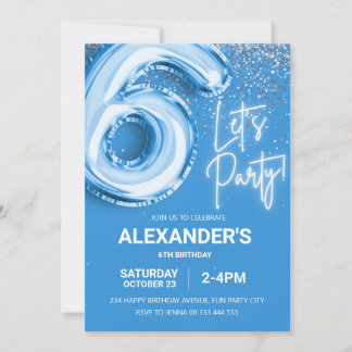 6th Birthday Balloon Boy Blue Neon Invitation