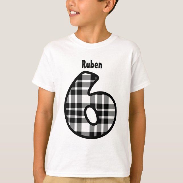 6th Birthday Boy BLACK PLAID Custom Name V01 T-Shirt (Front)