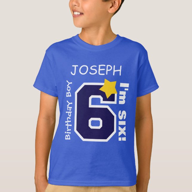 6th Birthday Boy BLUE One Year Custom Name A06A T-Shirt (Front)