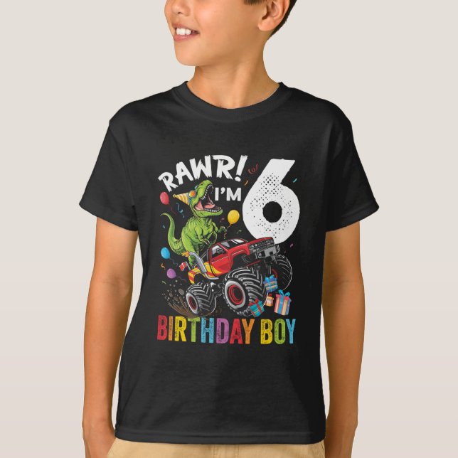 6th Birthday Boy Dinosaur Monster Truck  T-Shirt (Front)
