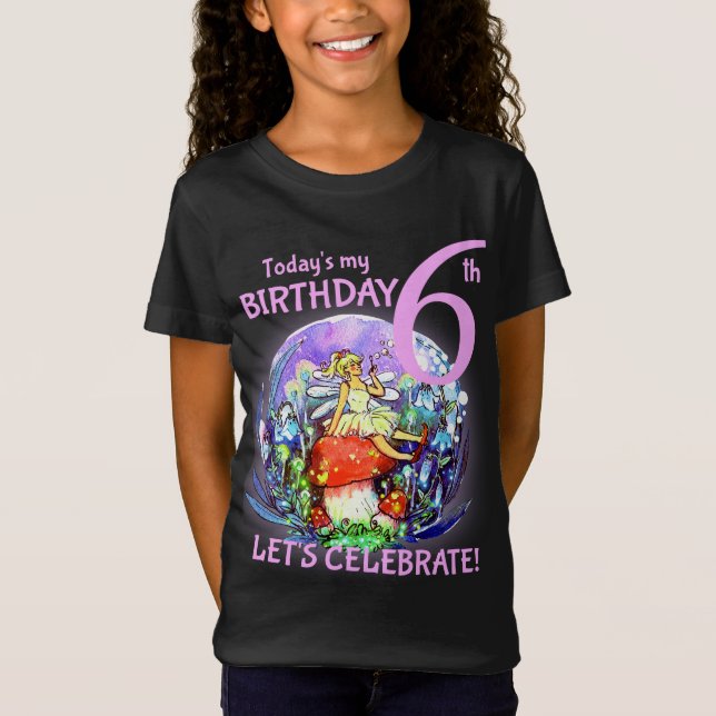 6th Birthday Bubbly Fairy & Mushroom Motif T-Shirt (Front)