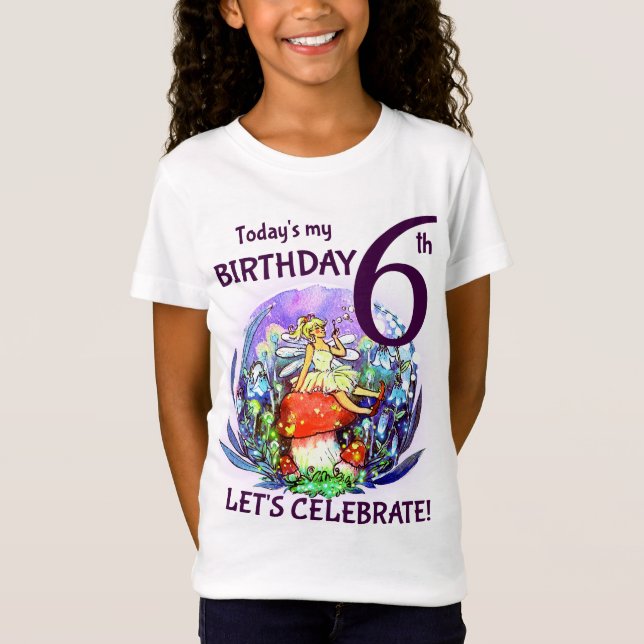 6th Birthday Bubbly Fairy & Mushroom Motif T-Shirt (Front)