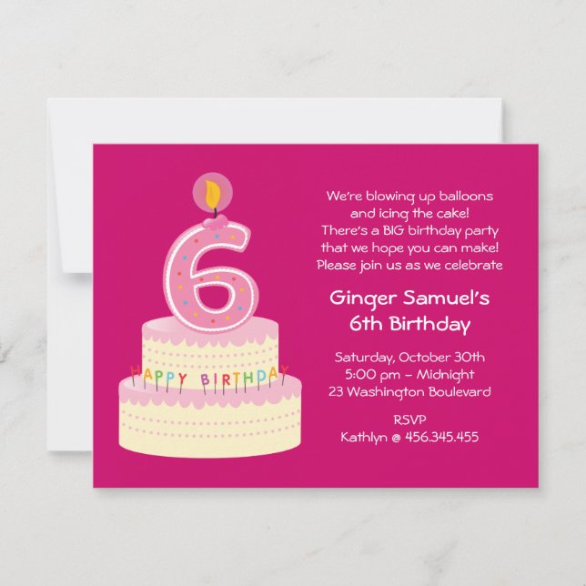 6th Birthday Cake Simple Invitation (Front)