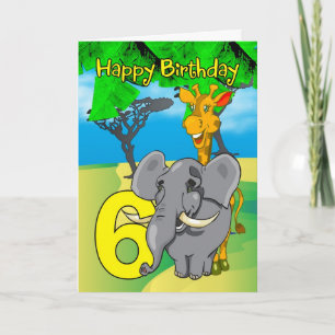 6th Birthday Card - Elephant, Giraffe, Jungle