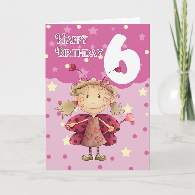 6th birthday card with cute ladybug fairy (Front)