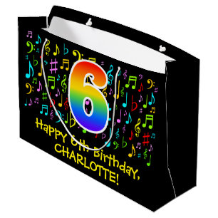 6th Birthday - Colourful Music Symbols, Rainbow 6 Large Gift Bag