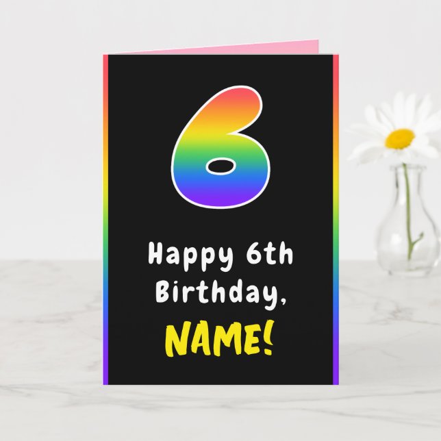 6th Birthday: Colourful Rainbow # 6, Custom Name Card (Small Plant)