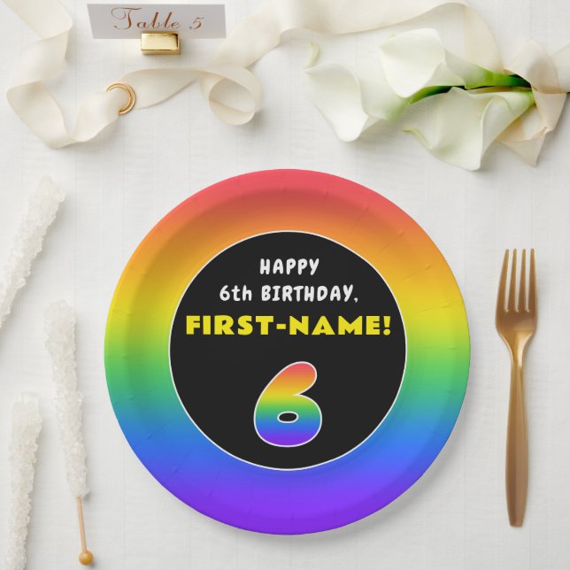 6th Birthday: Colourful Rainbow # 6, Custom Name Paper Plate (Wedding)
